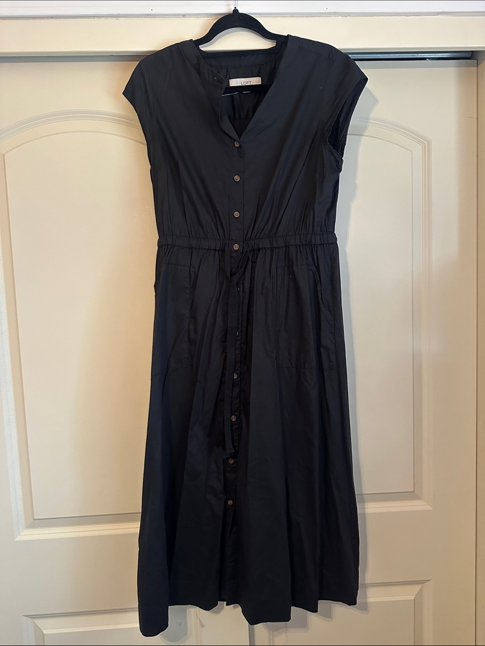 LOFT Black Button-Front Midi Dress with Drawstring Waist